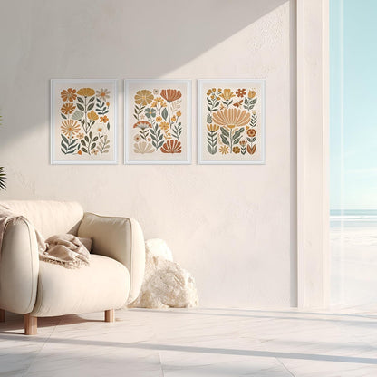 3Pcs Boho Abstract Floral Wall Art Minimalist WildFlower Wall Decor Pictures Modern Botanical Warm Earthy Tones Canvas Posters Prints for Living Room Bedroom Office Home Decoration 12x16in Unframed