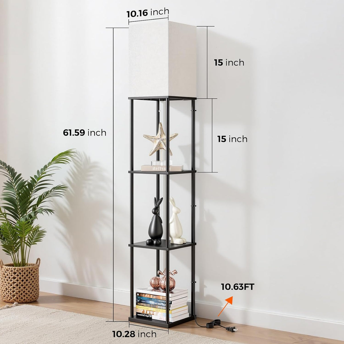 Floor Lamp with Shelves, 3-Tier Modern Square Bookshelf Standing Lamp Black