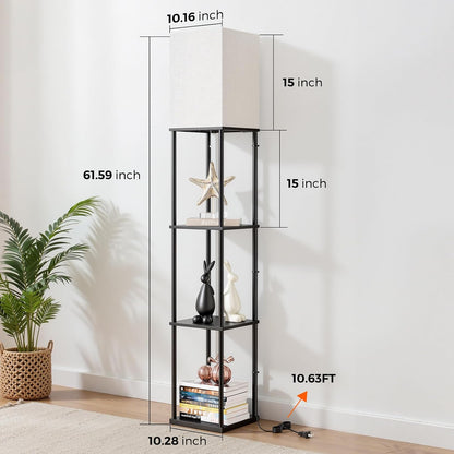 Floor Lamp with Shelves, 3-Tier Modern Square Bookshelf Standing Lamp Black