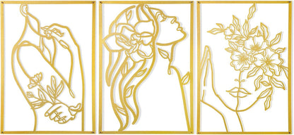 AGIOTA 3 Pcs Gold Metal Wall Decor, Minimalist Floral Women Line Drawing Wall Art, Elegant Abstract Lady Silhouette Metal Wall Hanging for Home Bedroom Living Room
