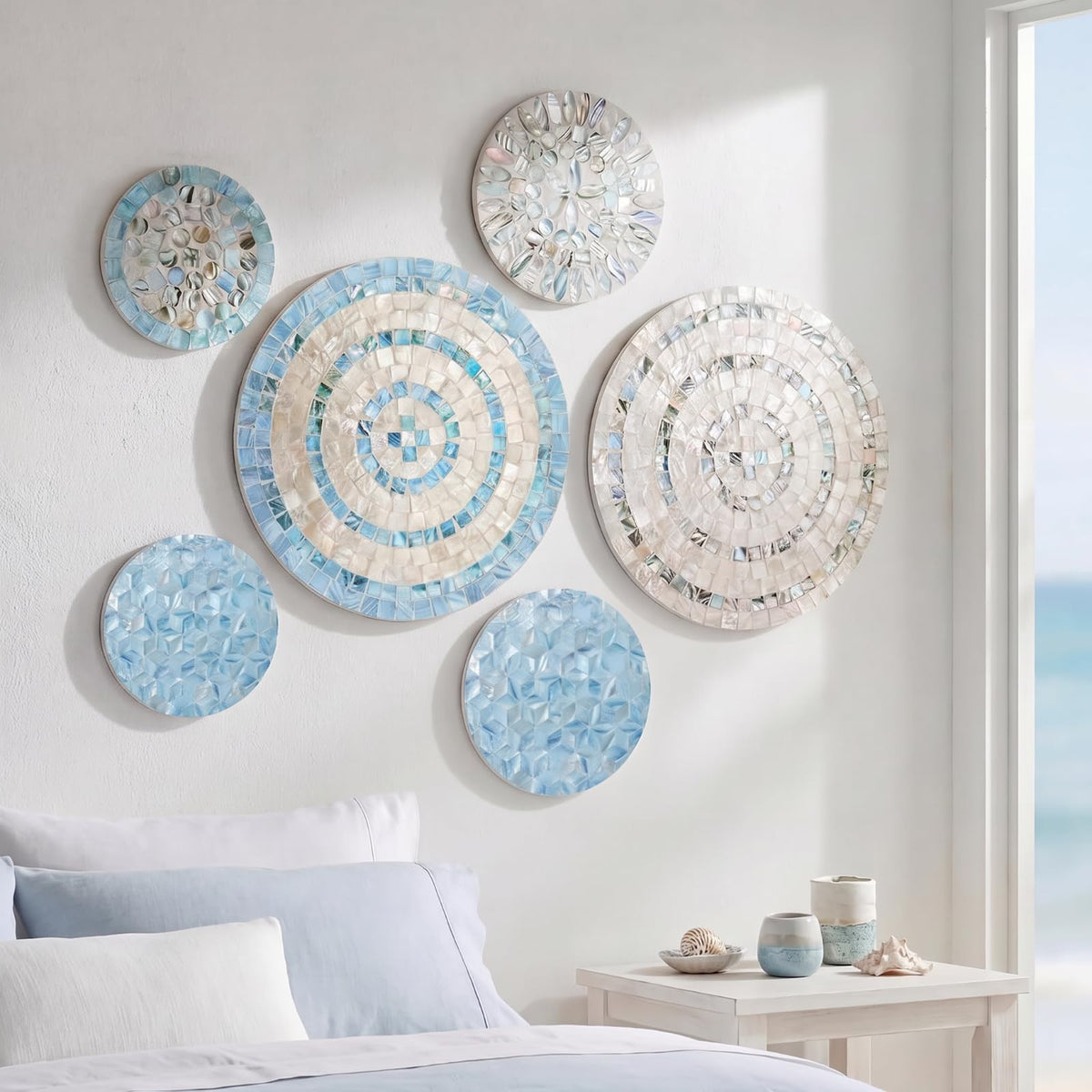 Novabright 6 Pcs Shell Wall Decor 11.8 Inches Natural Mother of Pearl Shell Plate Coastal Wall Art Mosaic Sculpture Handmade Hanging Plates Arts for Bedroom Bathroom Home Office Hotel