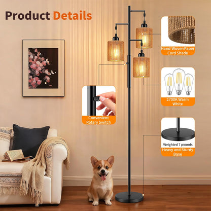Hotsonic 72" Boho Rattan Tree Floor Lamp, Tall Dimmable Industrial Standing Lamp, Corner Decor Accent Lighting for Living Room, Bedroom, Dining Room, Nursery, Cafe (3 x 800LM Bulbs Included) - Black