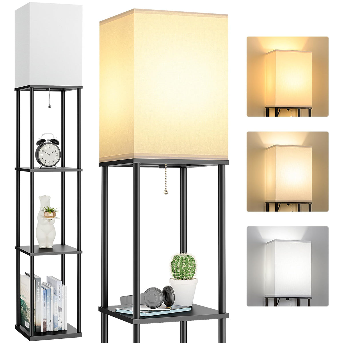Floor Lamp with Shelves, 3-Tier Modern Square Bookshelf Standing Lamp Black
