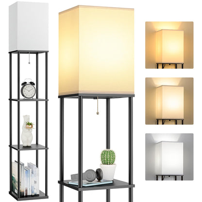 Floor Lamp with Shelves, 3-Tier Modern Square Bookshelf Standing Lamp Black