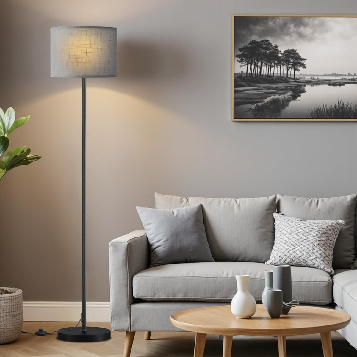 Modern Floor Lamp Simple Design with White Shade & Foot Pedal Switch
