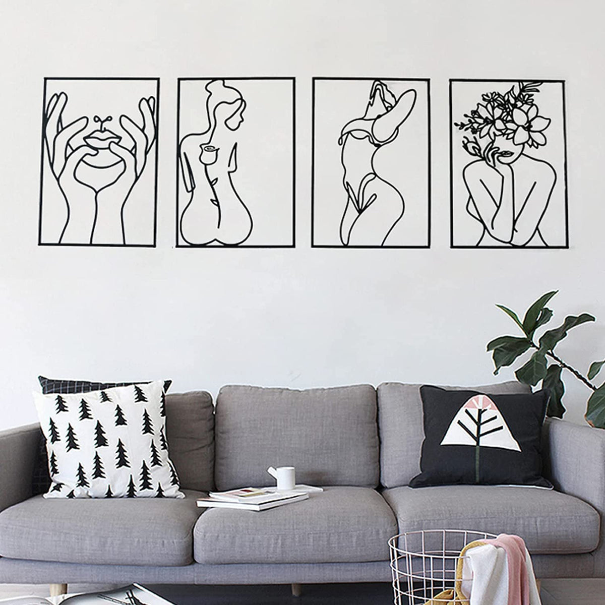 Glamativity 4 Pack Gold Wall Art Decor, Minimalist Single Line Real Metal Wall Art, Woman's Body Shape Abstract Wall Art (Gold Classic Style, 17 x 11.8'')
