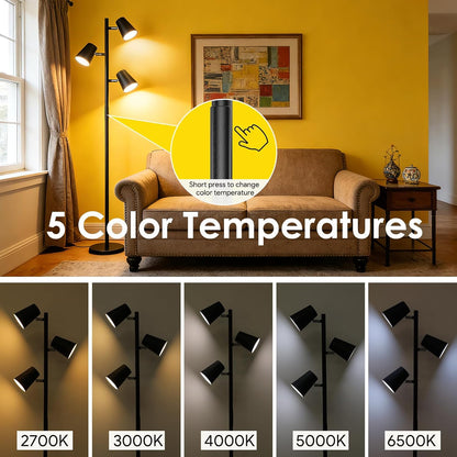 Energetic Dimmable Floor Lamp, Modern LED Tree Lamp, 5 Color Temperature, Standing Light with 3 Adjustable Head for Bedroom, Living Room, Office, ETL, 120V, Black, 1 Pack