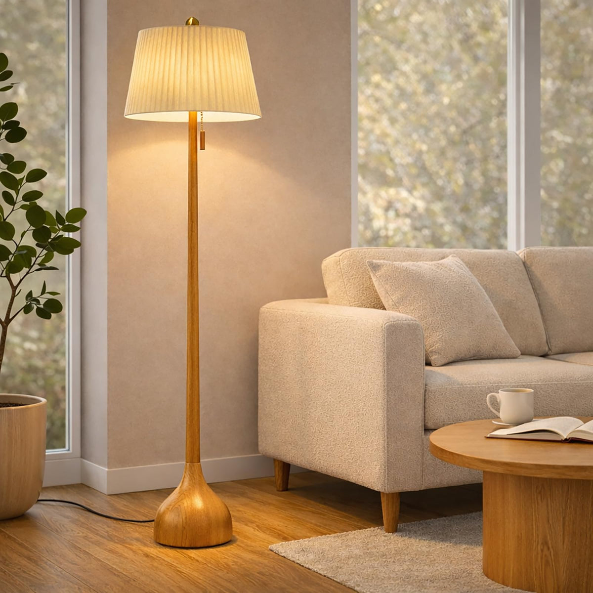 MOFFE Mid Century Modern Real Wood Floor Lamp with 2 Shades for Two Looks