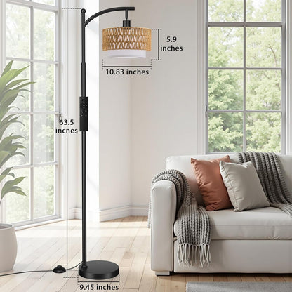 Ambimall Arc Floor Lamp with Remote & Rattan Double Shades, Black Rustic