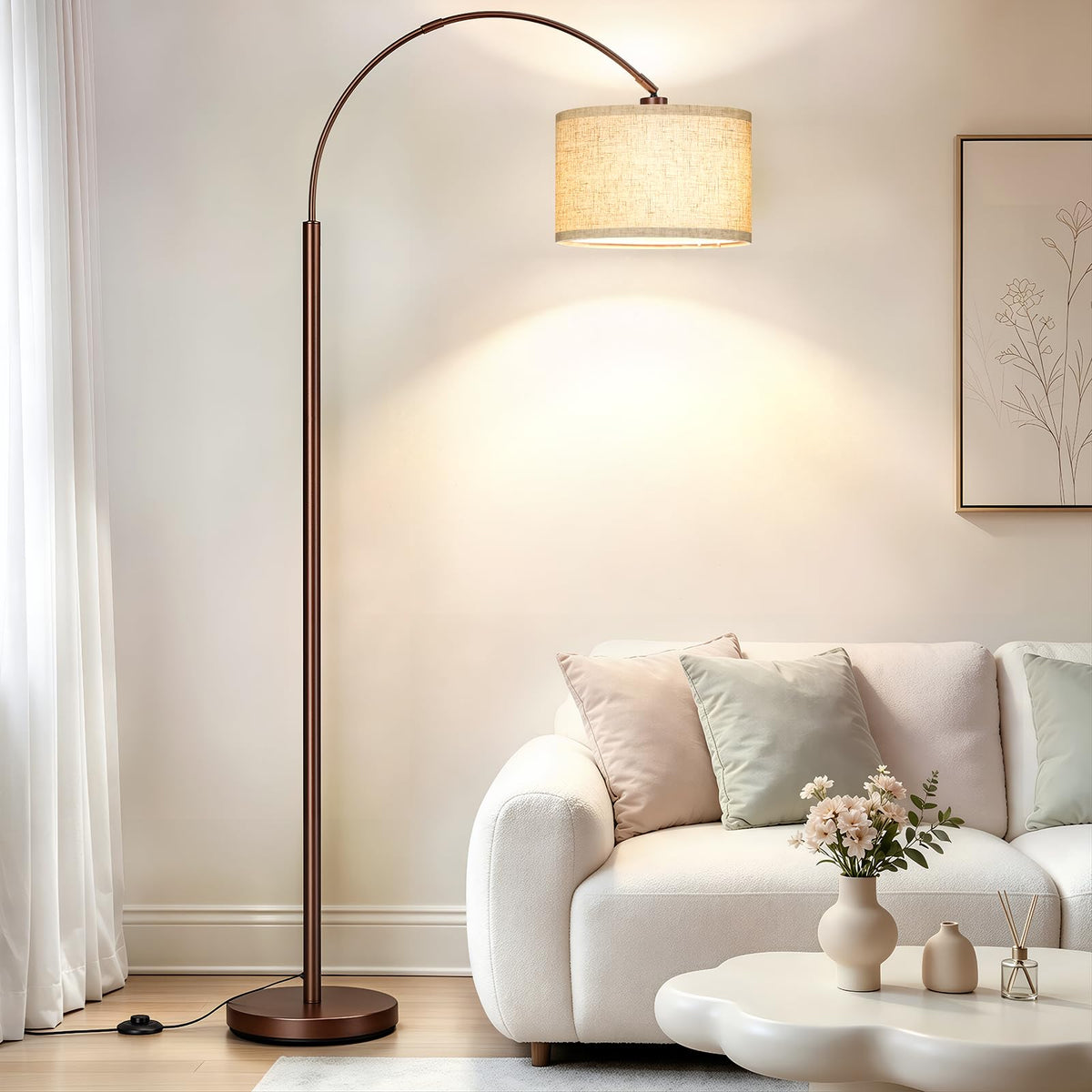 Arc Floor Lamps for Living Room, Black Standing Lamp with Linen Shade
