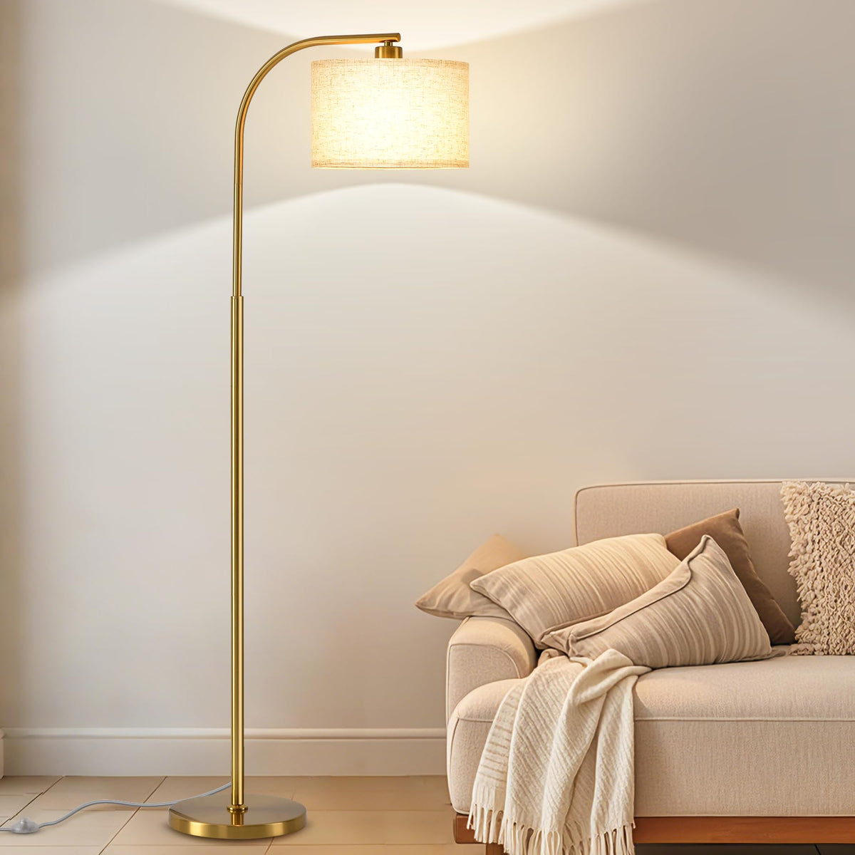Tall Floor Lamp for Living Room,65'' Modern Standing Lamps with 9W LED Bulb,Elegant Floor Light with Fabric Shade,Gold Tall Lamp for Bedroom Office Study Room Corner Dining Room