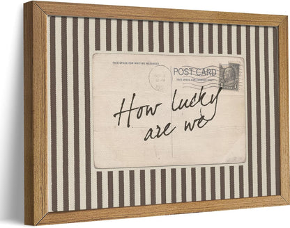 How Lucky Are We Wall Art, Wood Framed Postcard Poster with Positive Quote,Western, Old Money Brown Striped Decor, Cozy Rustic Sentimental Print for Bedroom Living Room, 8x10 Inch