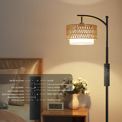 Ambimall Arc Floor Lamp with Remote & Rattan Double Shades, Black Rustic