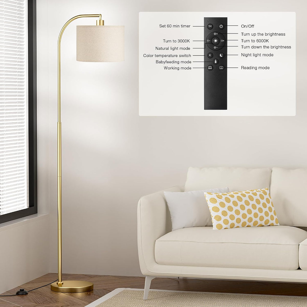Ambimall Arc Floor Lamp with Remote and Stepless Dimmable Bulb, Colors Temperature & Brightness Adjustable, Gold Floor Lamps for Living Room(Deep Beige Shade & Gold Pole)