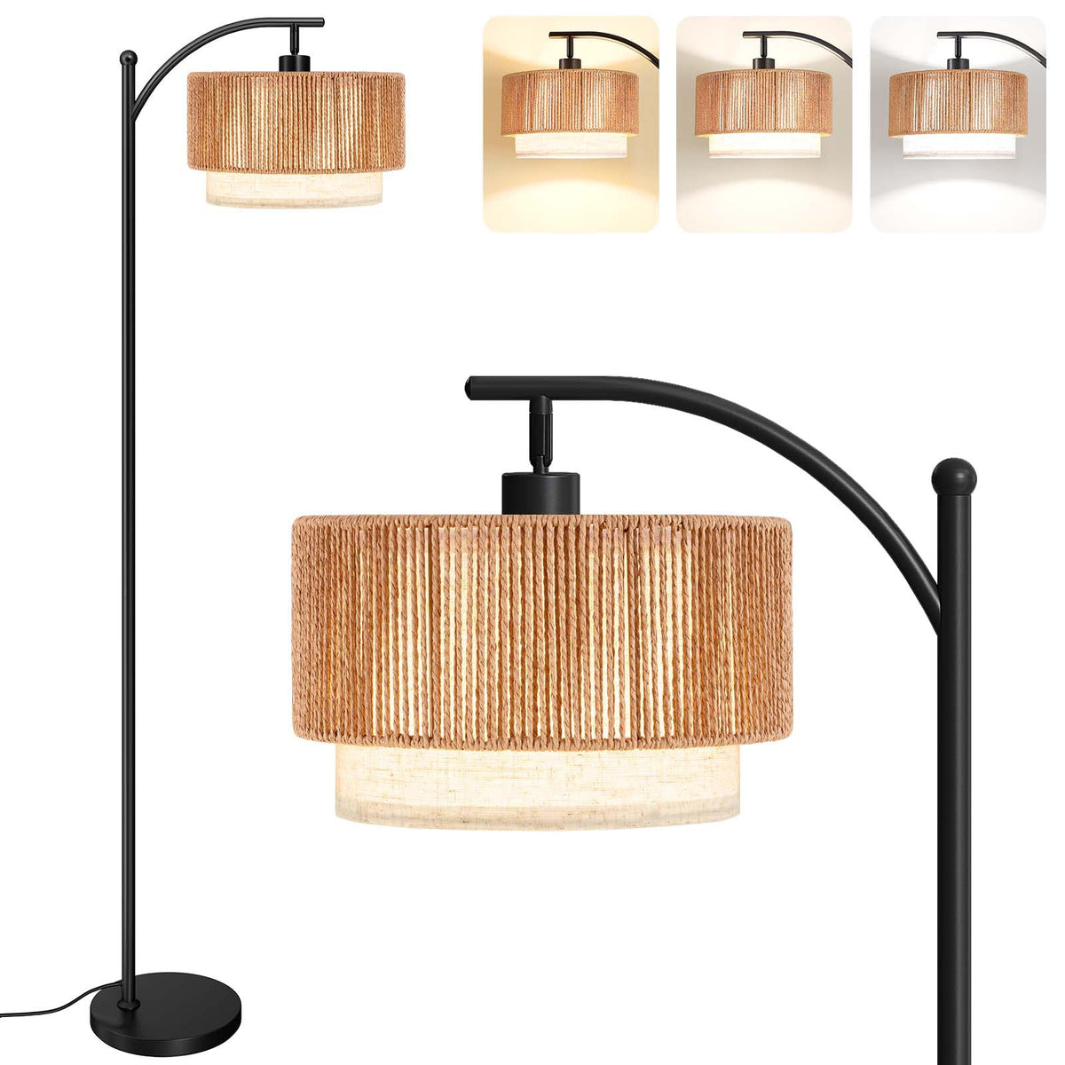 SUNMORY Arc Floor Lamps for Living Room, Rattan Standing lamp with 12W Bulb