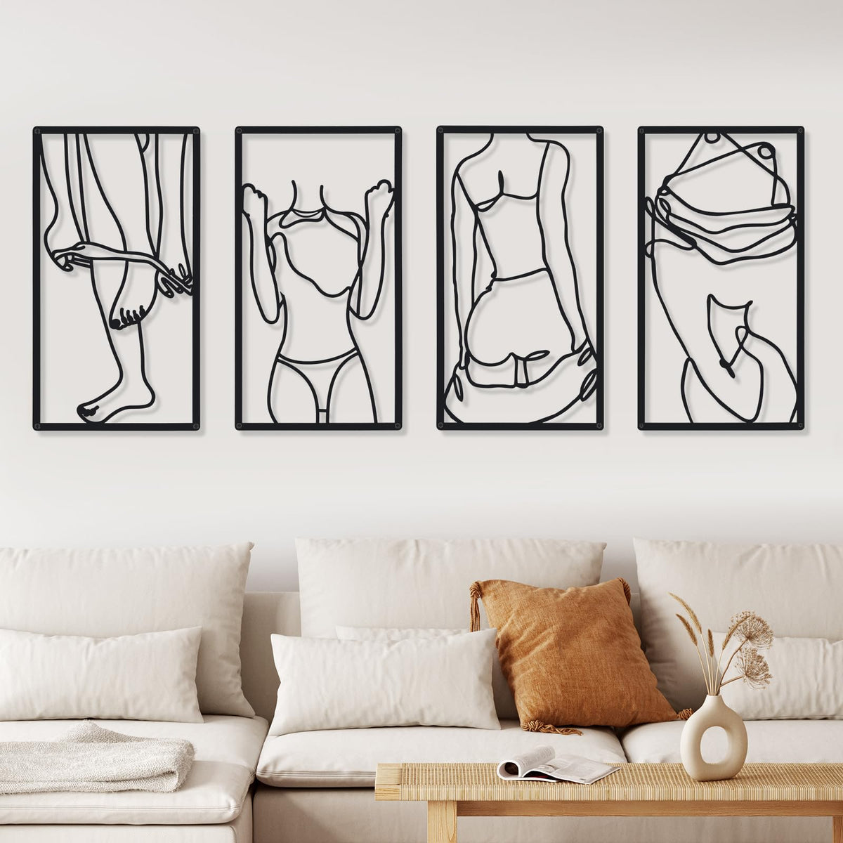 Cindeer 4 Pcs Metal Wall Art Decor Minimalist Abstract Woman Wall Art Line Drawing metal line art Home Hanging Art Decor for Bedroom Kitchen Bathroom Living Room(Fresh,Black)