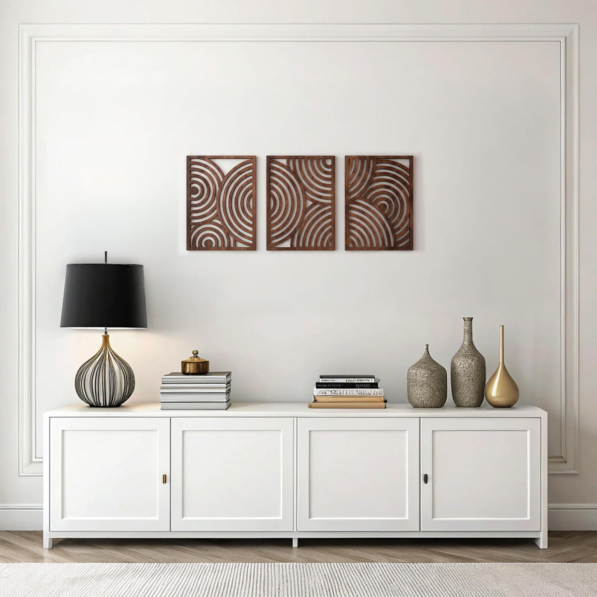qmmp Modern Wooden Wall Sculptures - Set of 3 - Home Decor Accent - Large Wall Art for Living Room, Bedroom, Office - Easy Installation (Oak, Medium - Mountain and Sun)