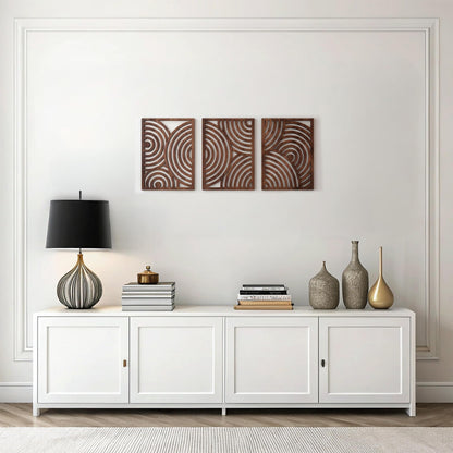 qmmp Modern Wooden Wall Sculptures - Set of 3 - Home Decor Accent - Large Wall Art for Living Room, Bedroom, Office - Easy Installation (Oak, Medium - Mountain and Sun)