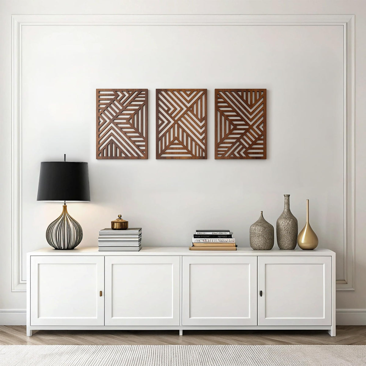 qmmp Modern Wooden Wall Sculptures - Set of 3 - Home Decor Accent - Large Wall Art for Living Room, Bedroom, Office - Easy Installation (Oak, Medium - Mountain and Sun)