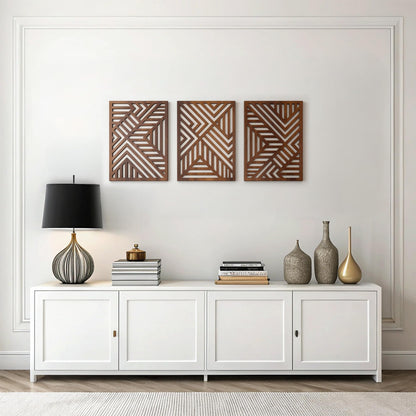 qmmp Modern Wooden Wall Sculptures - Set of 3 - Home Decor Accent - Large Wall Art for Living Room, Bedroom, Office - Easy Installation (Oak, Medium - Mountain and Sun)