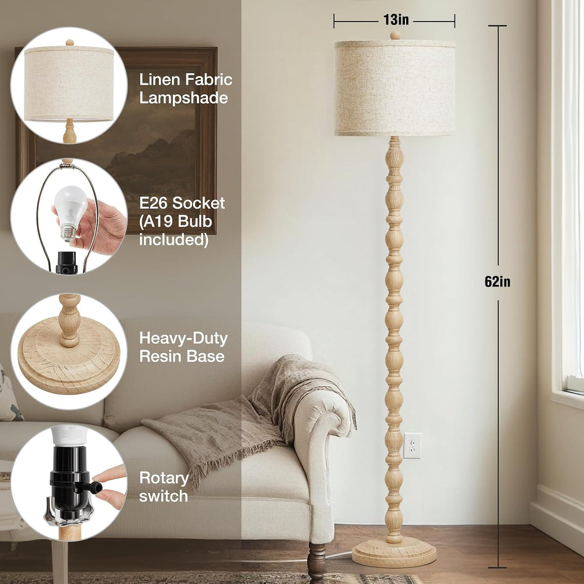 Luvkczc Farmhouse Floor Lamps for Living Room, Standing Lamp with Bulb