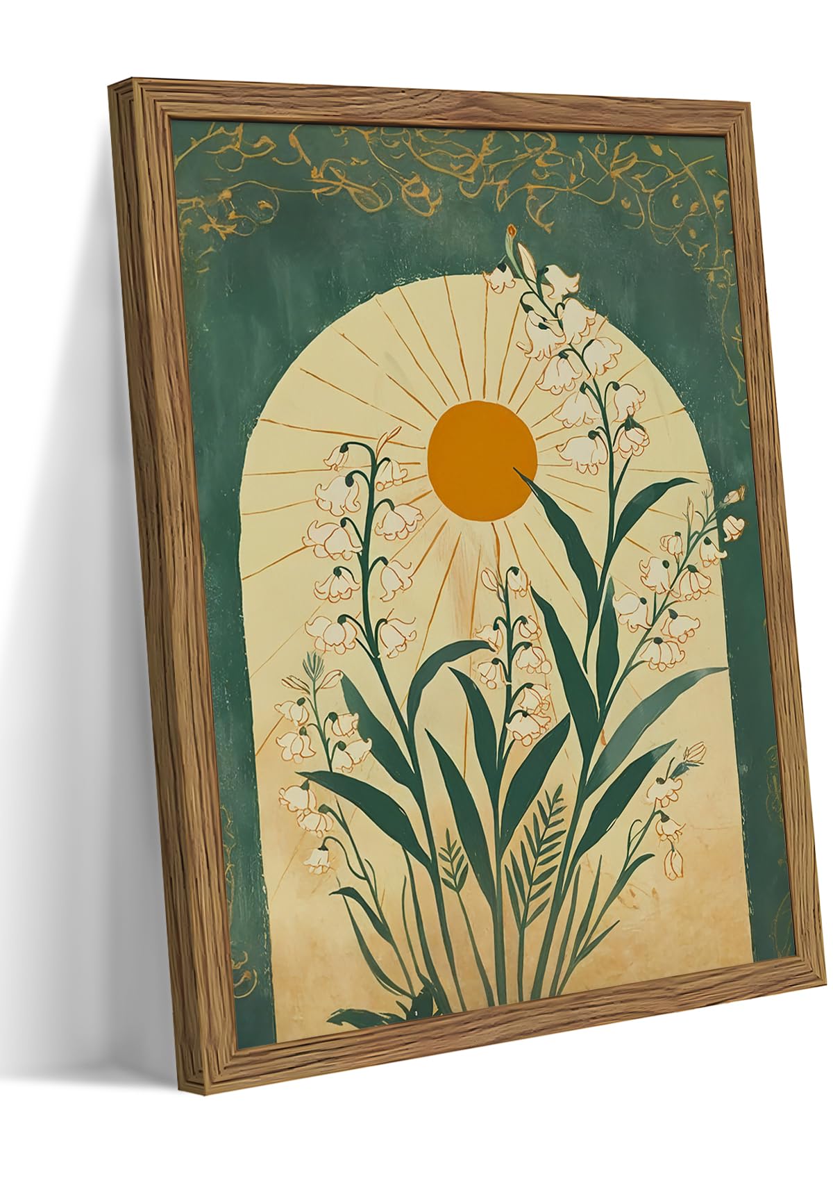 Framed Sunset Boho Wall Art for Living Room - Modern Abstract Floral Canvas Picture Boho Wall Decor, Sun Landscape Aesthetic Painting Poster Prints for Bedroom Home Office 12x16 inch