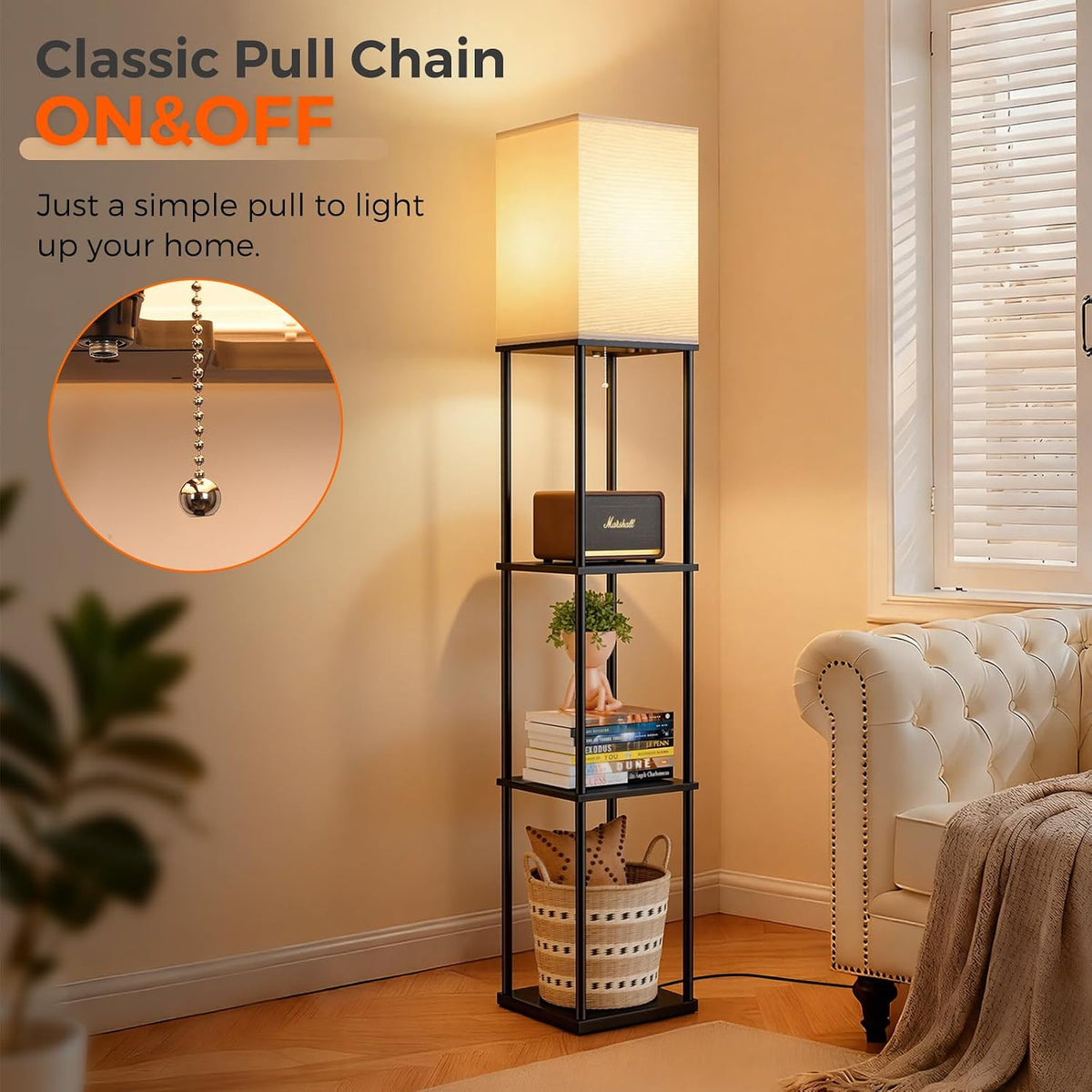 Floor Lamp with Shelves, 3-Tier Modern Square Bookshelf Standing Lamp Black