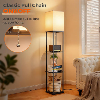 Floor Lamp with Shelves, 3-Tier Modern Square Bookshelf Standing Lamp Black