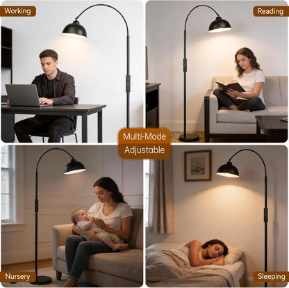 Modern Arc Floor Lamp with Remote Control 12W Stepless Dimmable Arched Standing Lamp,Adjustable Metal Hanging Shade,Tall Over the Couch Pole Light for Living Room, Bedroom, Office (Black)
