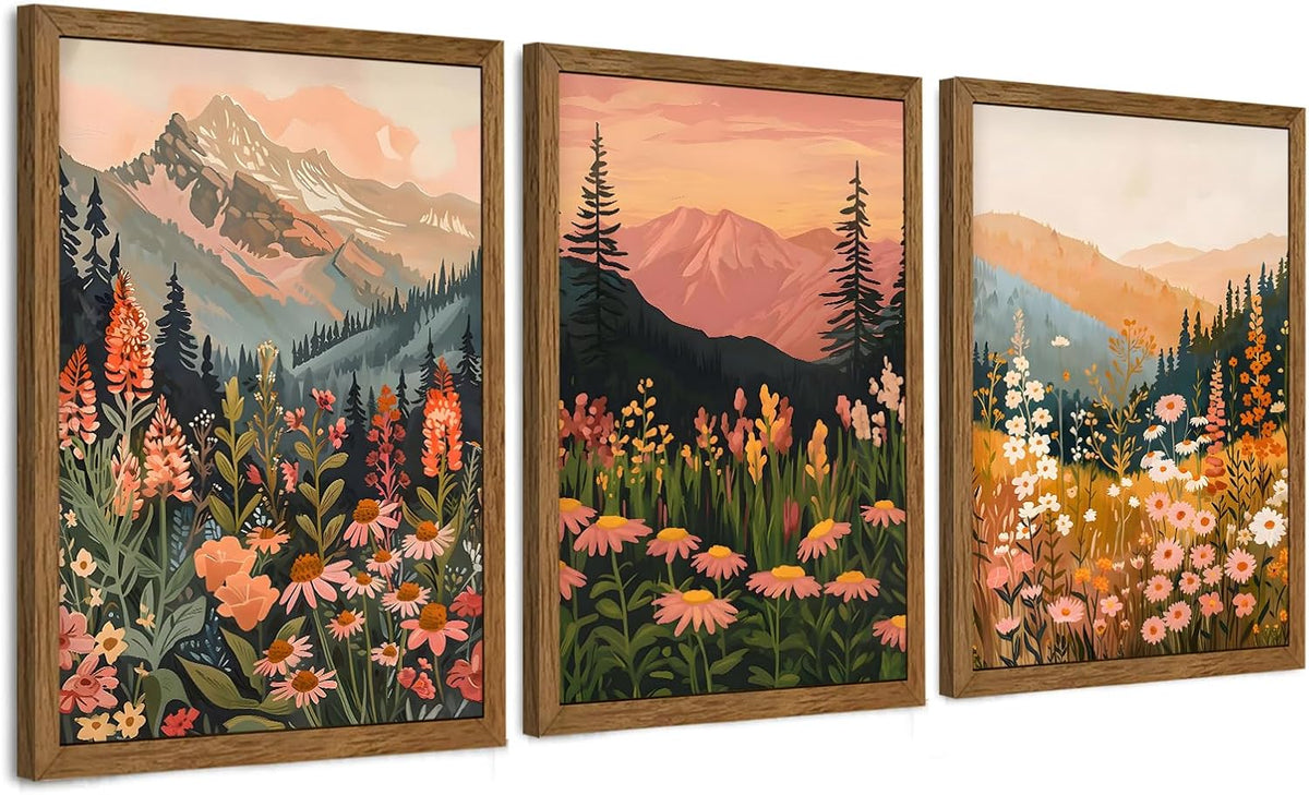 3 Piece Wildflower Mountain Wall Art Colorful Landscape Canvas Art 12x16in