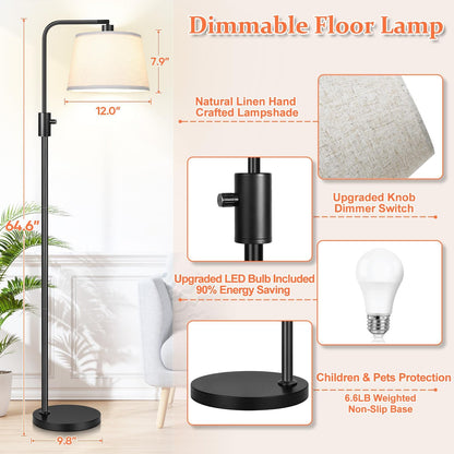 Nintiue 【Upgraded】 Dimmable Floor Lamp, 1000 Lumens LED Bulb Included, Arc Floor Lamps for Living Room Modern Standing Lamp with Linen Shade, Tall Lamp for Bedroom Office Reading Dining Room- Black
