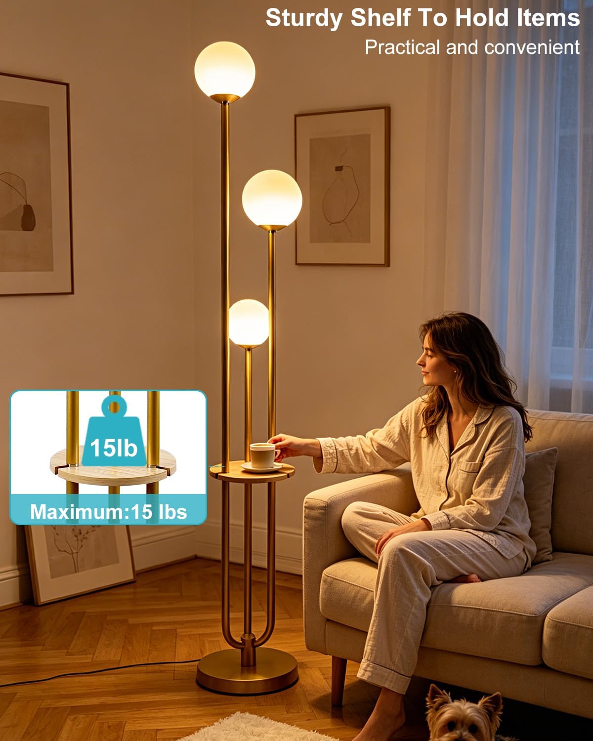 Lightdot 63IN Dimmable Gold Floor Lamp with Shelf Mid Century Standing Lamps with 3000K Bulbs Included Modern Globe Floor Lamp with 5Lbs Heavy Base for Living Room/Party/Sofa Beside/Corner Decor