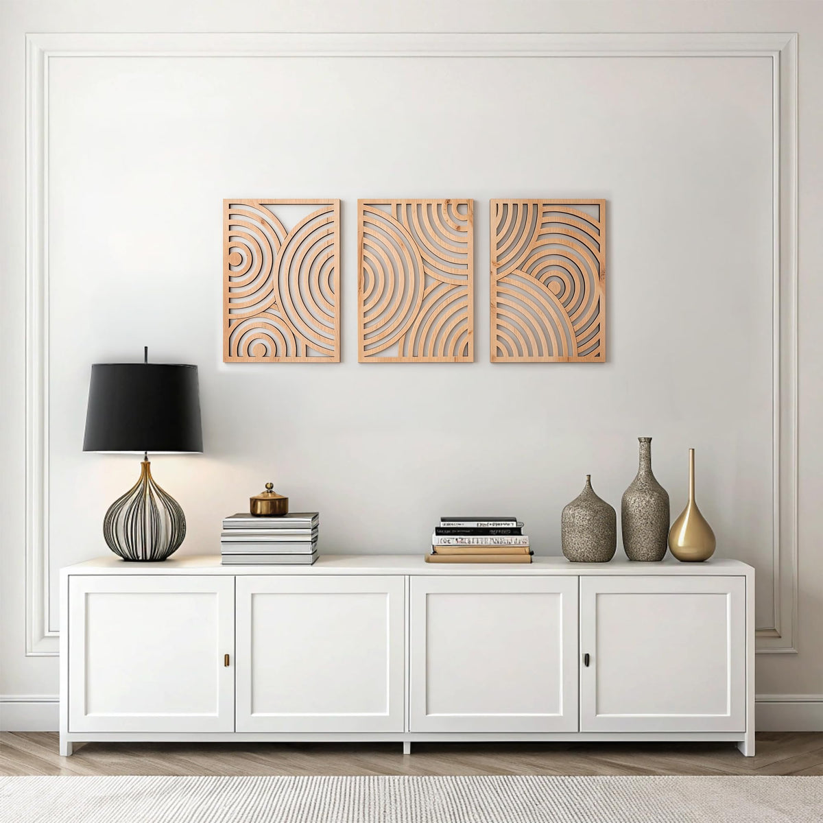 qmmp Modern Wooden Wall Sculptures - Set of 3 - Home Decor Accent - Large Wall Art for Living Room, Bedroom, Office - Easy Installation (Oak, Medium - Mountain and Sun)