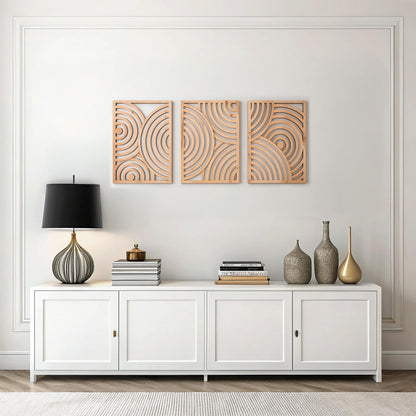 qmmp Modern Wooden Wall Sculptures - Set of 3 - Home Decor Accent - Large Wall Art for Living Room, Bedroom, Office - Easy Installation (Oak, Medium - Mountain and Sun)