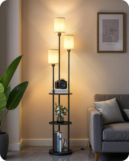 70.9" Floor Lamp with Shelves, Modern Floor Lamp with 3 Linen Shades and Foot Switch, 3-Light Standing Lamp, for Living Room, Bedroom, Study, Office, Rustic Brown and Beige EF53LD05