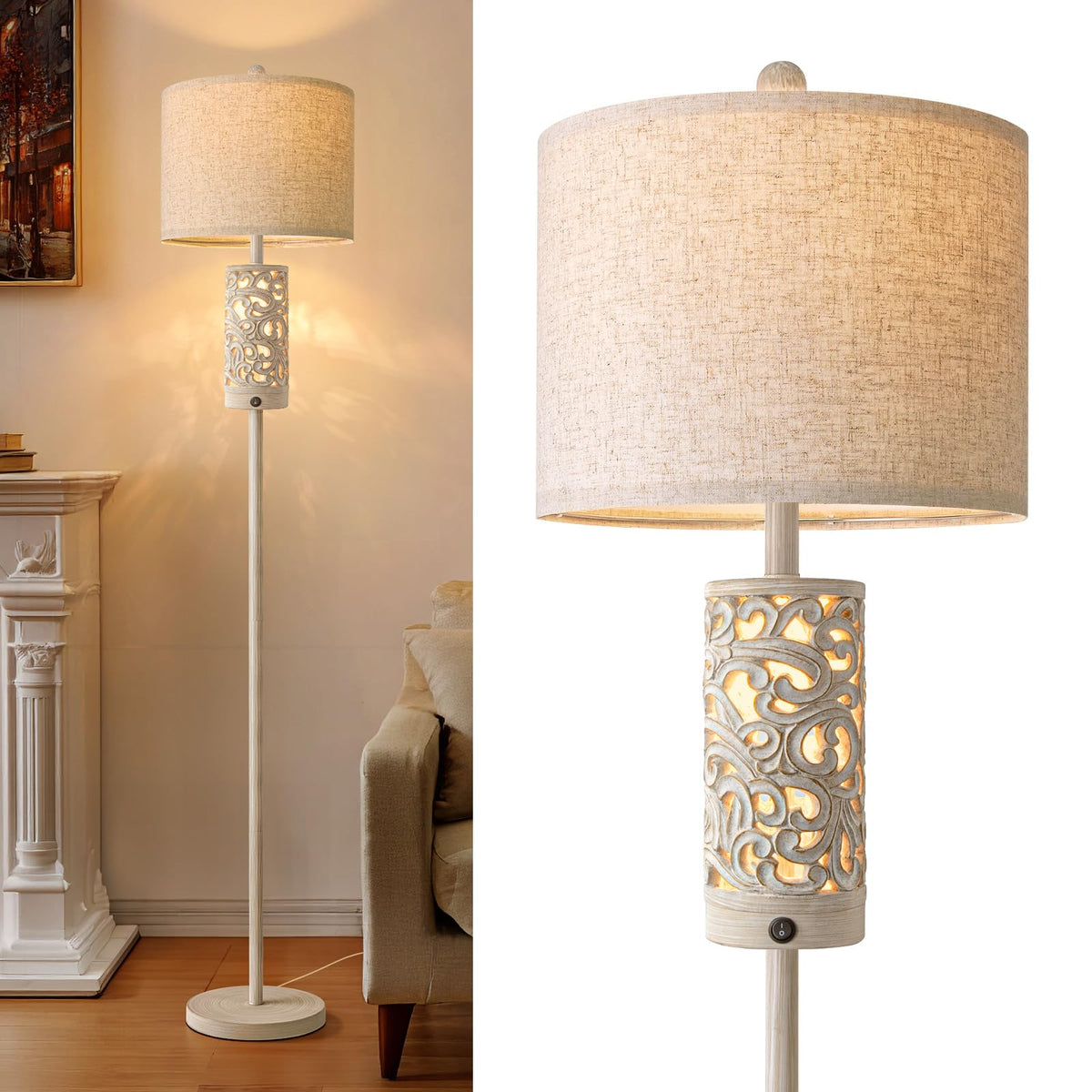 OYEARS Dimmable Farmhouse Floor Lamp for Living Room, 2-in-1 Rustic Floor Lamp with Main&Night Light,Linen Shade&Dual Switches, 65" Standing Lamp for Bedroom Office Corner Dining Room, Wood Pole Lamp