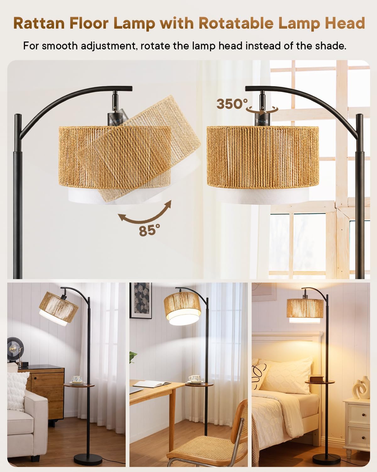 PESRAE Rattan Floor Lamp for Living Room, Farmhouse Arc Standing Lamp