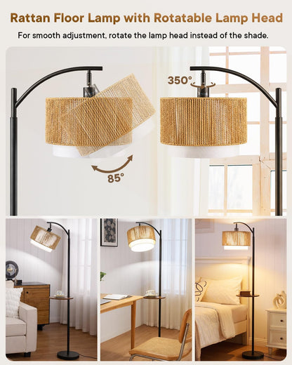 PESRAE Rattan Floor Lamp for Living Room, Farmhouse Arc Standing Lamp