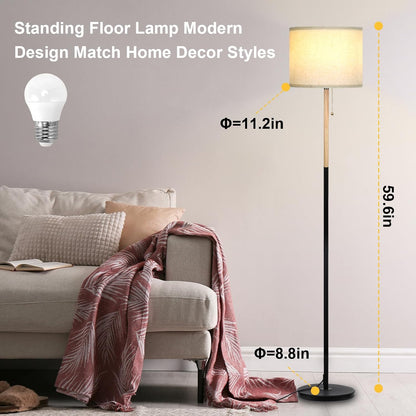 LALISU Bedroom Standing Floor Lamp with Linen Shade,White+ Wood Black Pole