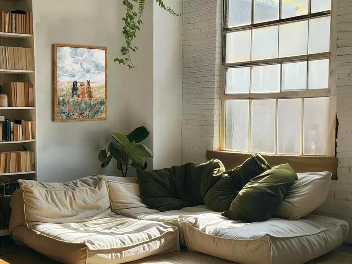 Framed Dog Canvas Wall Art, Cute Three Dogs in Flower Field Pictures Wall Decor, Rustic Farmhouse Animal Nature Paintings Prints Home Decor for Living Room Bedroom Bathroom 12x16 inch