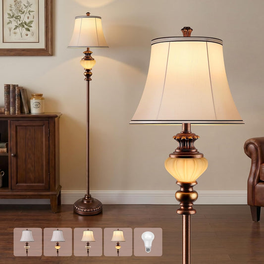 65'' Vintage Floor Lamp for Living Room, Retro Farmhouse Standing Lamp with Nightlight, Tall Lamp with Fabric Shade and Rotary Switch for Bedroom Office Dining Room Corner(LED Bulb Included)
