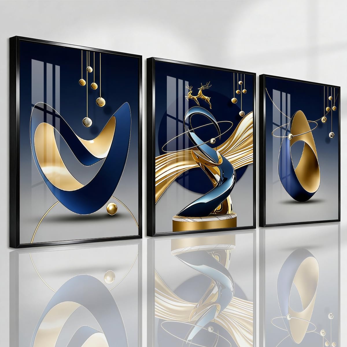 Pennimor 3Pc Abstract Geometric Aluminum Alloy Frame Wall Art 12x18in Black