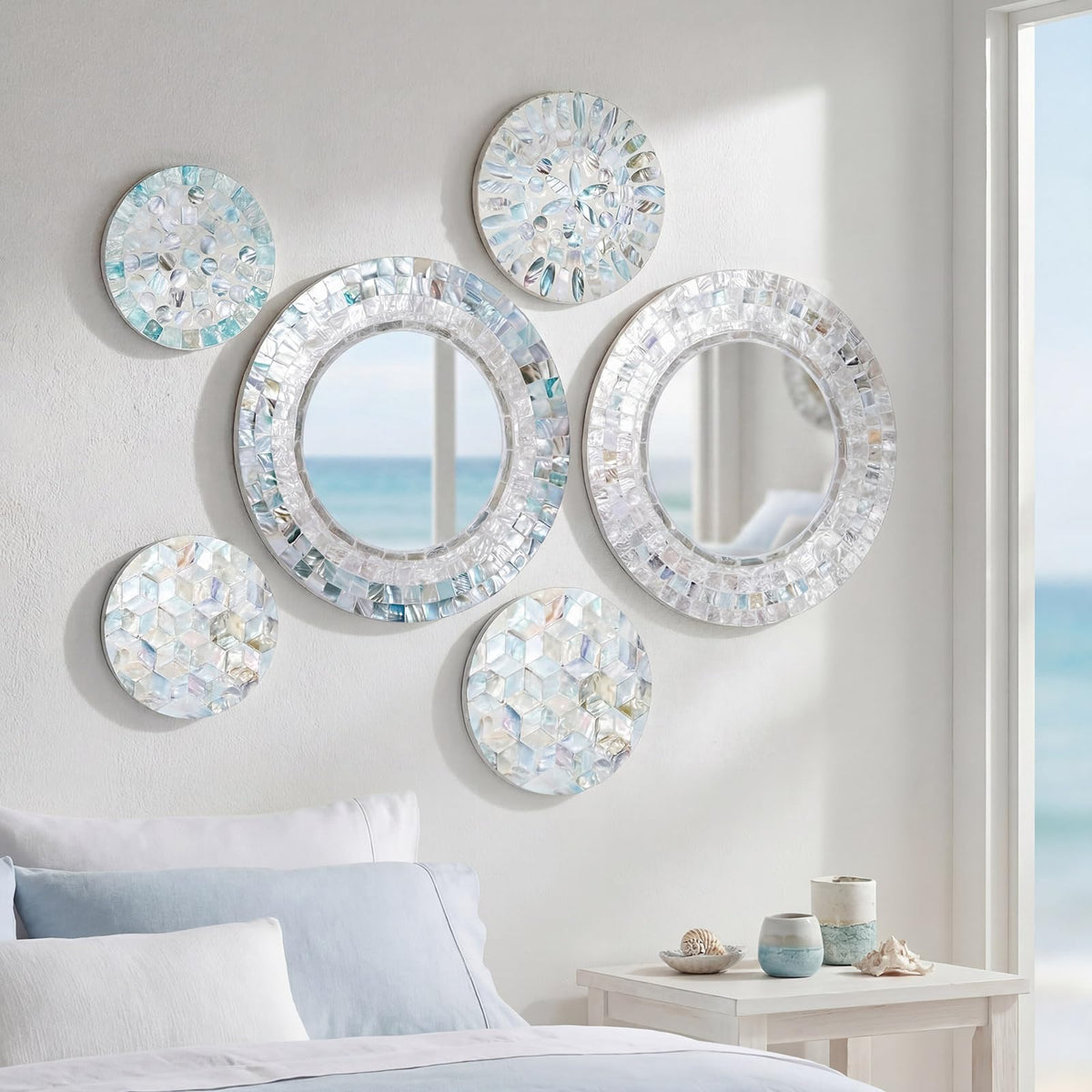 Novabright 6 Pcs Shell Wall Decor 11.8 Inches Natural Mother of Pearl Shell Plate Coastal Wall Art Mosaic Sculpture Handmade Hanging Plates Arts for Bedroom Bathroom Home Office Hotel