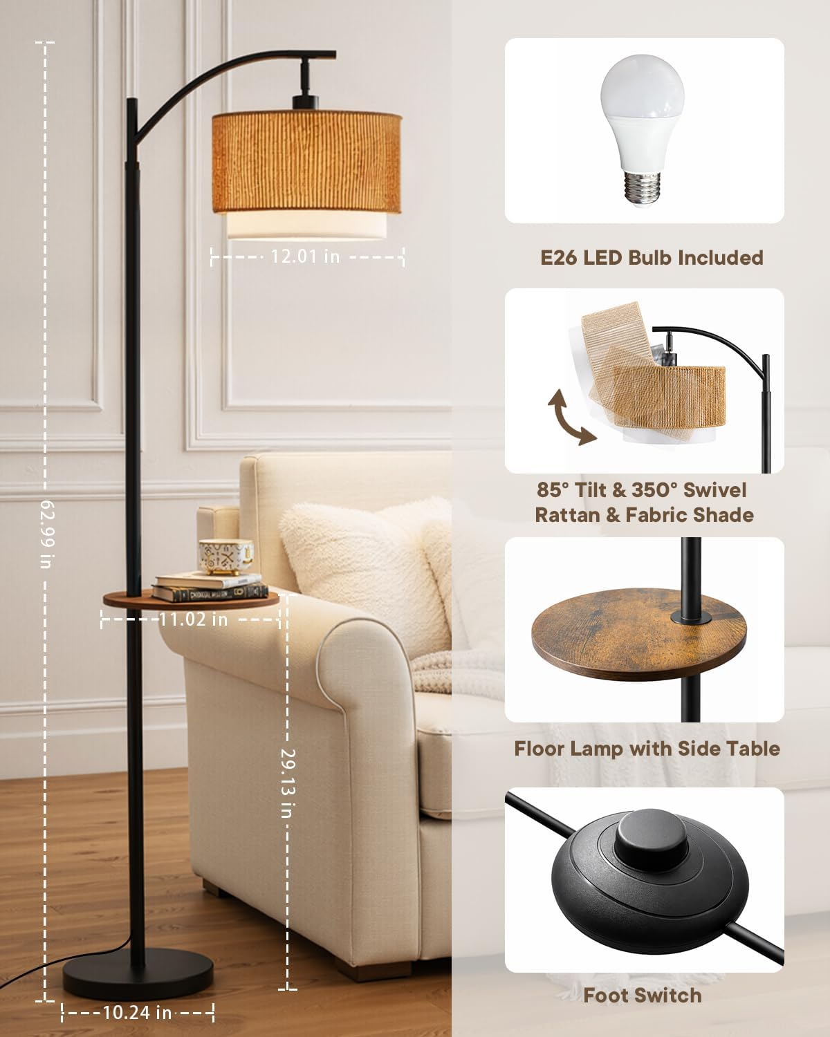 PESRAE Rattan Floor Lamp for Living Room, Farmhouse Arc Standing Lamp