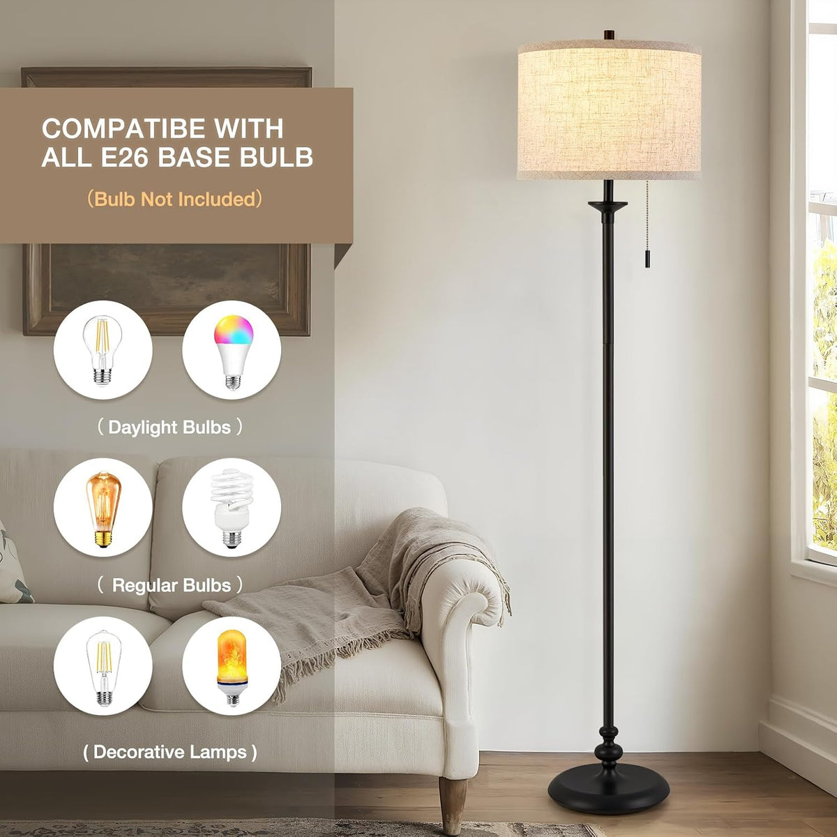Luvkczc Black Floor Lamp, 60" Standing Lamp with Fabric Lampshade