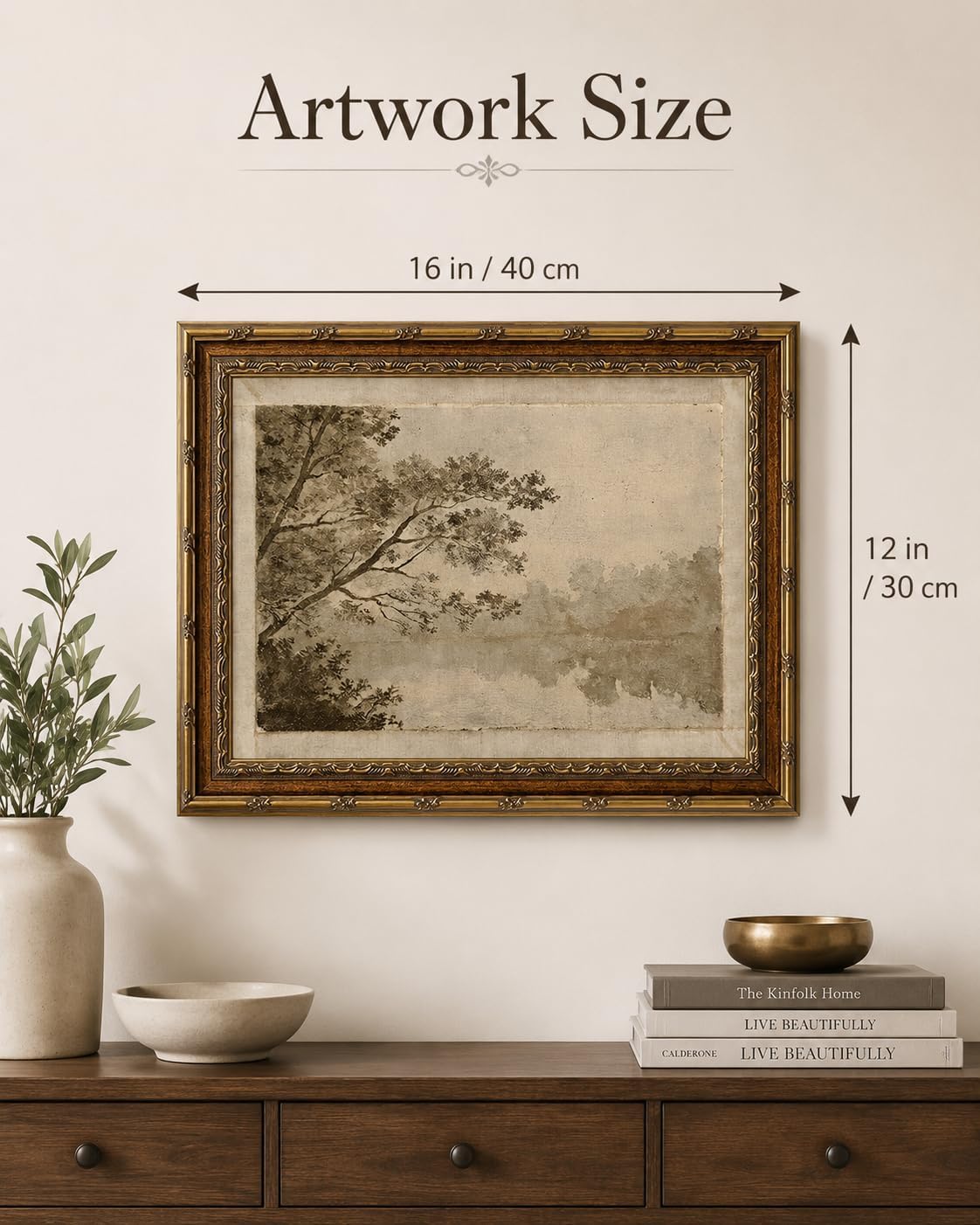 Gold Framed Sepia Lake Landscape Wall Art, Vintage Canvas Print 12x16