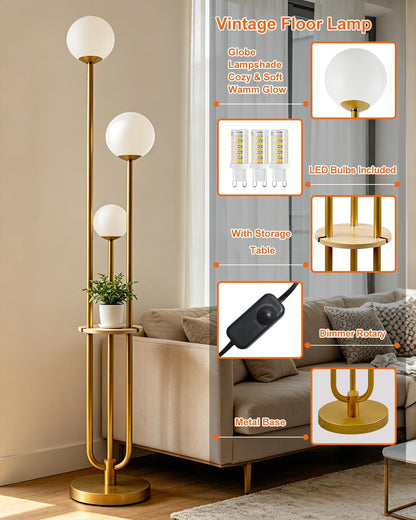 Lightdot 63IN Dimmable Gold Floor Lamp with Shelf Mid Century Standing Lamps with 3000K Bulbs Included Modern Globe Floor Lamp with 5Lbs Heavy Base for Living Room/Party/Sofa Beside/Corner Decor