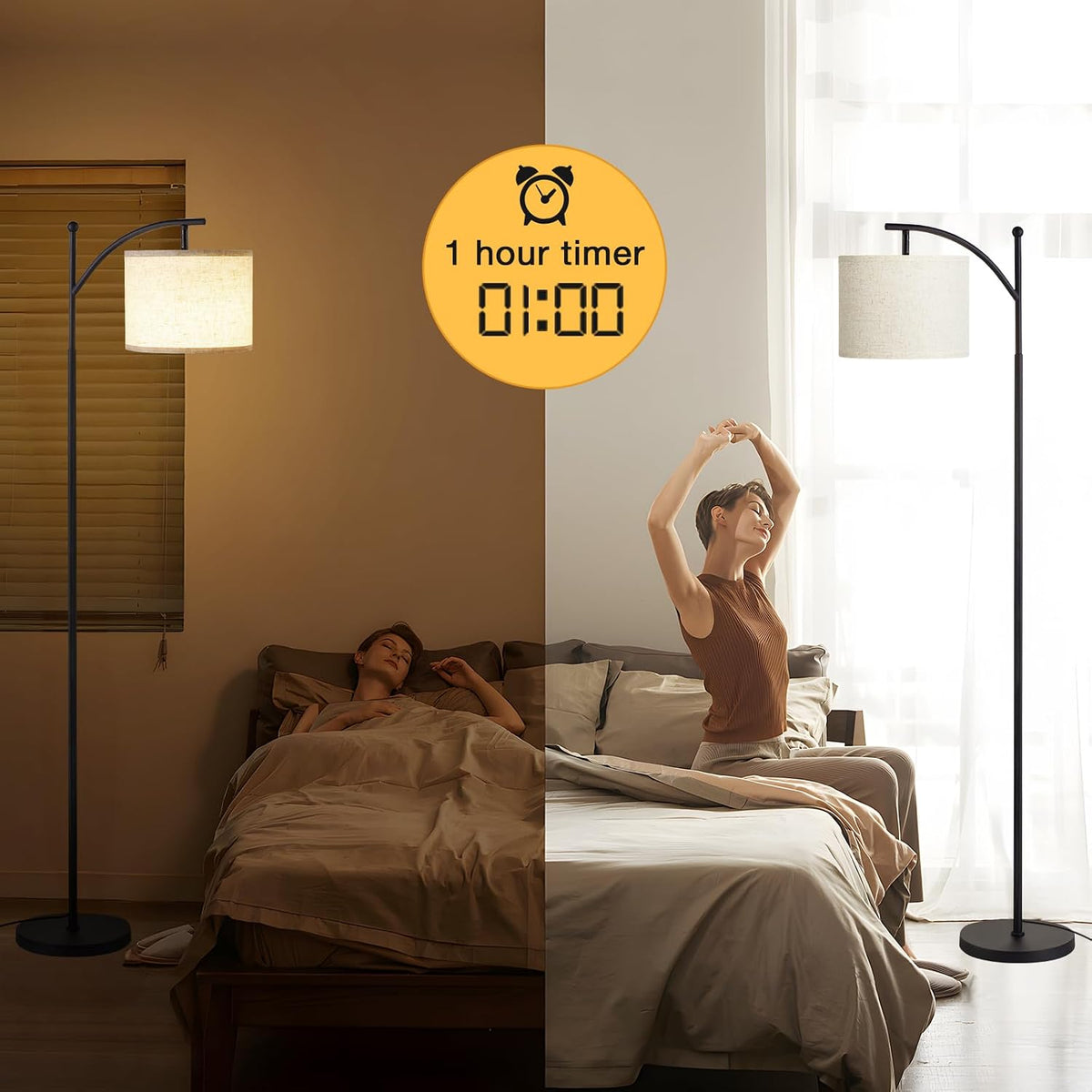 Ambimall 60" Floor Lamp with Remote and Stepless Dimmable Bulb, Black Pole