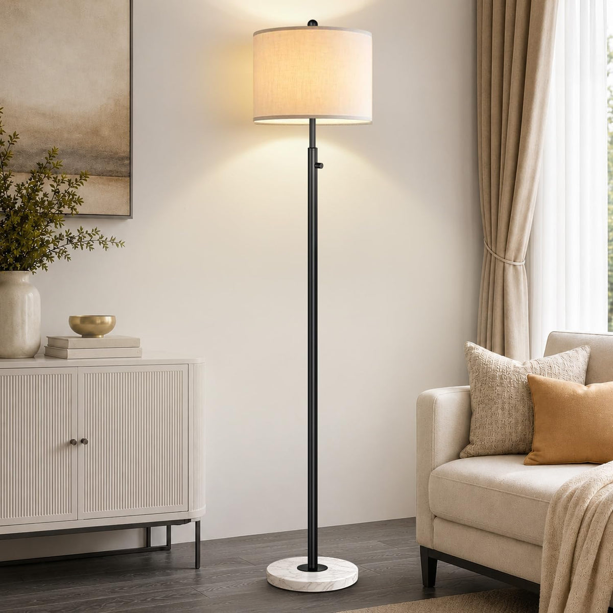 Nintiue Dimmable Gold Floor Lamp, Turkish Marble Base, White Linen Shade
