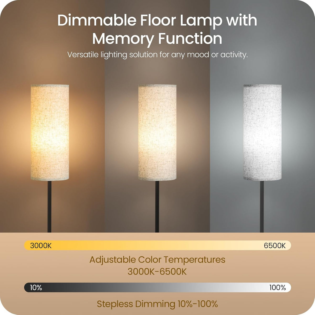 64.4” Slim Floor Lamp for Living Room with Magnetic Remote and Foot Switch, Dimmable Standing Tall Lamp Mood for Bedroom Nursery, 3 Color Temperatures, 1-Hour Timer,900LM Bulb Included,Beige E06LD05W1
